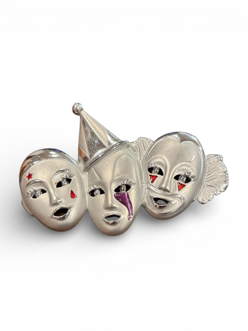 Vintage Theater Mask Brooch Rhinestone Enamel Harlequin Clown Statement Silver